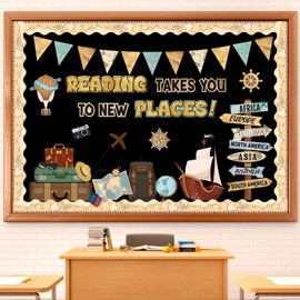 Pasimy 61 Pcs Reading Bulletin Board Set Vintage Travel Map Adventure Classroom Decorations Motivational Reading Takes You to New Places Bulletin Cutouts for Library School Classroom Wall Decor