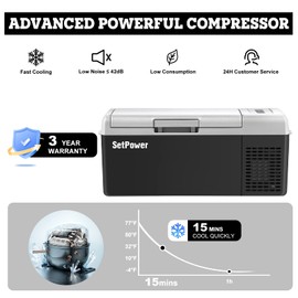 Setpower FC15 Portable 12v Refrigerator, -4℉-68℉ Fast Cooling Car Refrigerator, 15L/15.8Qt Car Fridge Portable Freezer with 12/24V DC & 110/240V AC, Electric Cooler (Black&Grey, 15L With AC Adapter)