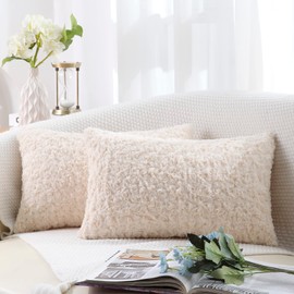 decorUhome Set of 2 Fur Cushion Covers Decorative Faux Fur Plush Fluffy Rectangle Neutral Pillow Case for Sofa, Cream Beige, 12 x 20 inch/30x50cm