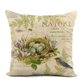 rouihot Set of 4 Linen Throw Pillow Covers 20x20 Inch Vintage Bird Nature Floral Home Decor Pillowcase Square Cushion Cover for Sofa Bed Couch