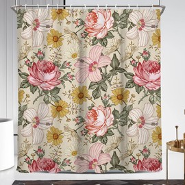 Coxila - Cortina de ducha floral rosa, estilo bohemio, clásico, color beige, amarillo, retro, colorido, para niñas, color verde botánico, para mujer, plantas, primavera, verano, campo, rústico, 72 x