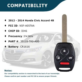 AKS KEYS Replacement for Selected Honda Civic Accord Plug in 4 Buttons That Use FCC N5F-A05TAA - 314 MHz Chip ID46 Compatible with Civic 2012 2013 Accord Plug in 2014 (2)
