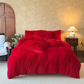 Durable Polyester and Plush Fabric Four-Piece Bed Set for Home, Soft and Breathable, Factory Custom, Cozy Easy Care Designsheet type: None, color: Red, number of pieces: 1, Included Components: 1 Duvet Cover+ 2 Pillowcases+1 Cushion, size: Queen