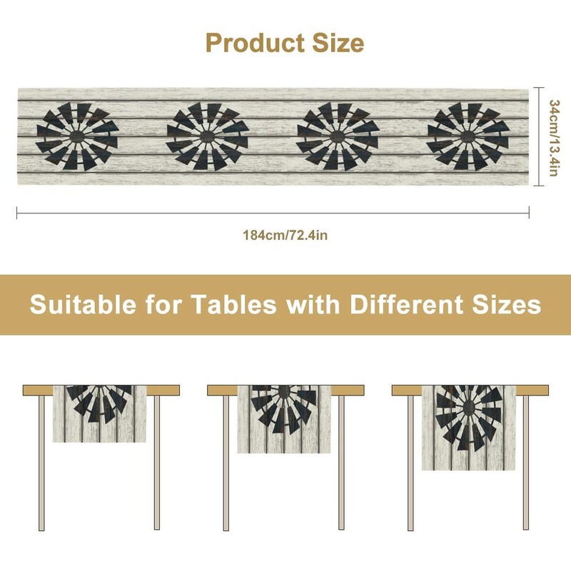 Retro Windmill Table Runner, Rustic Farmhouse Wood Grain Country Style