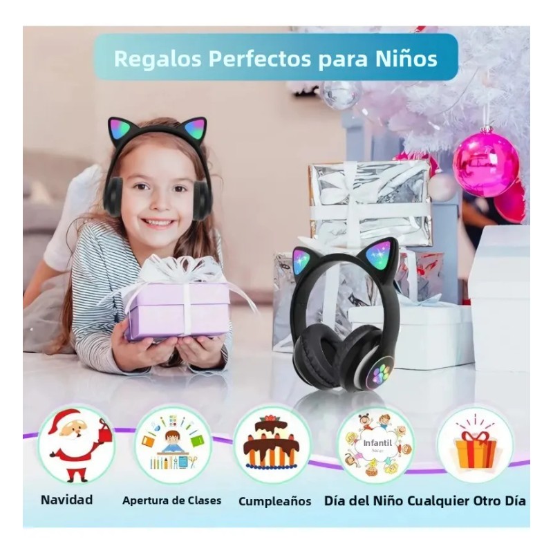 Hortahortamx Audifonos Infantiles Orejas De Gato Led - Bluetooth 5.4,