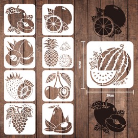 FINGERINSPIRE Pack of 9 Fruit Stencils 20 x 20 cm Plastic Pineapple Lemon Apple Watermelon Peach Pear Cherry Strawberry Grape Reusable Stencils for Painting on Wood Floor Wall and Tiles