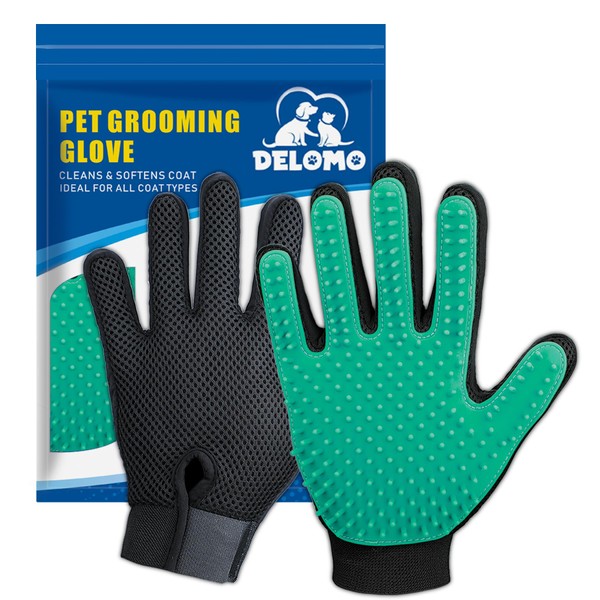 Pet Hair Remover Gloves, Enhance Pet Grooming Glove with 255 Tips, Deshedding Glove for Dog and Cat, 1 Pair Left & Right Gentle De-Shedding Glove Brush, Green