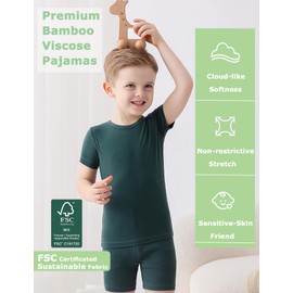 JunNeng Bamboo Viscose Toddler Pajamas,Baby Boy Girl Solid Snug Fit Short Sleeve Summer Sleepwear PJS,Dark Green+Dark Blue 3-4 Years