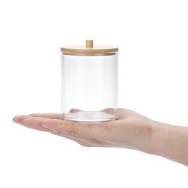 SUMTree 2 Pcs 10 Ounce Plastic Cotton Swab Holder, Acrylic Cotton Bud Qtip Holder Dispenser, Bathroom Cotton Pads Organiser with Bamboo Lids