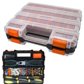 Tools Organizer Box Small Parts Storage Box 50-Compartment Double Side Hardware Organizers with Removable Plastic Dividers for Screws, Nuts, Nails, Bolts, Orange