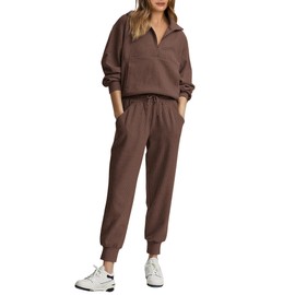BTFBM Women's 2 Piece Tracksuit Fall Outfits 2024 Long Sleeve Half Zip Sweatshirt Sweatpants Lounge Set With Pockets(Solid Coffee,Small)