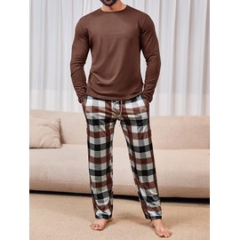 Runcati Mens 2 Piece Pajama Set Plaid Sleepwear PJ Relaxed Fit Stretch Lounge Nightwear Sets Coffee