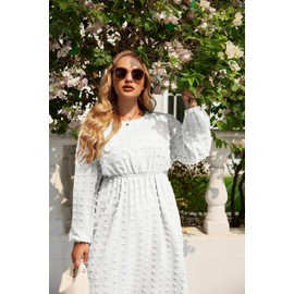 IN'VOLAND Women's Plus Size Swiss Dot Long Sleeve Chiffon Dress Flowy High Waist A Line Ruffle Babydoll Midi Dresses 16W-24W White