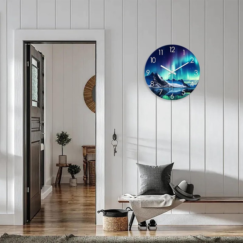 XNM Teal Landscape Kitchen Clocks 14 Inch Glass Wall Clocks