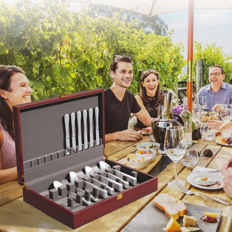 Mahogany Wood Silverware Storage Box,Silverware Case Flatware Chest with Felt