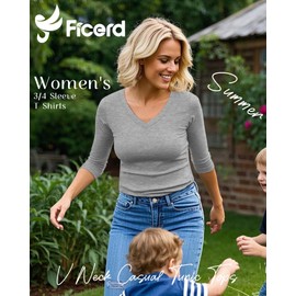 Ficerd 4 Pack Women's 3/4 Sleeve T Shirts, V Neck Casual Tunic Tops Loose Fit Cotton Shirts Solid Color Summer Tees(Black, White, Light Mixed Gray, Gray,Medium)