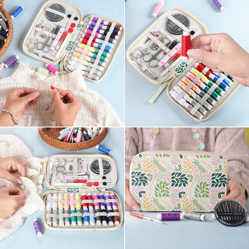 Sewing Kit with Leaf Case, Complete Threads and Needles Set,