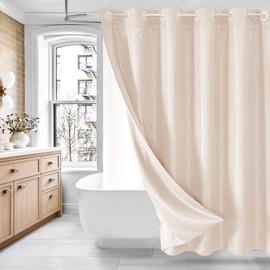 MitoVilla Pink Long Shower Curtain 72 x 80, No Hooks Needed 80 inch Long Heavyweight Waffle Fabric Shower Curtain Set with Snap-in Liner for Hotel Grade Spa-Like Bathroom Decor, Blush Pink