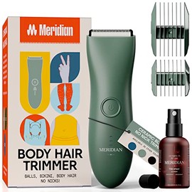 Meridian - Set Completo Afeitadora Corporal Electrica y spray (50 ml) | Ideal para Hombres y Mujeres | Sientete limpio y fresco en tus partes íntimas: con cuchilla de cerámica que reduce el riesgo de cortes l Impermeable l USB l Verde