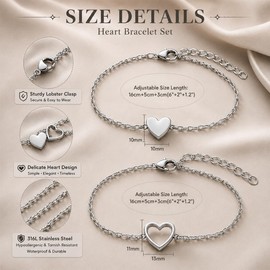 2 Pcs silver Heart Bracelet for Women, 14K Gold Plated Stainless Steel Friendship Bracelet,Adjustable Bracelets Dainty Chain Jewelry Love Friendship Two Bracelet Pack