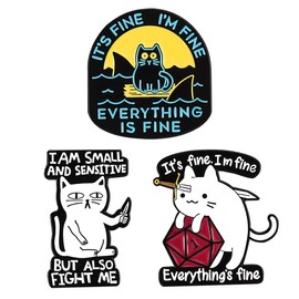 It's Fine I'm Fine Everything is Fine Enamel Lapel Pin Funny Cat with sharks around funny brooches badges for backpacks
