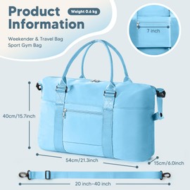 Amechi Travel Duffle Bag, Waterproof Weekender Bag for Women, Lightweight Carry on Sport Gym Bag for Women, Overnight Tote Luggage Bag with Trollery Sleeve (Light Blue)