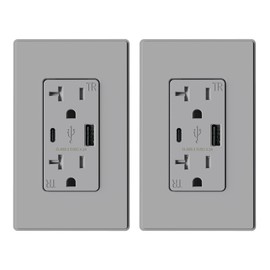 ELEGRP USB Charger Wall Outlet, USB Receptacle with USB A & USB C Ports, 20 Amp Duplex Tamper Resistant Receptacle Plug NEMA 5-20R, Wall Plate Included, UL Listed, 2 Pack, Matte Grey