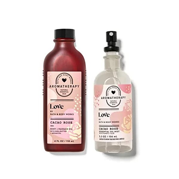 Bath and Body Works Aromatherapy Love Cacao Rose Essential Oil Mist Body & Massage Oil Set