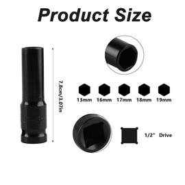 5 Pcs Deep Impact Socket, 1/2 Inch Drive by 13mm 16mm 17mm 18mm 19mm Deep Impact Socket, Heavy Duty Metric 6-Point Sockets for Home Car Repair, Heat-Treated High Carbon Steel