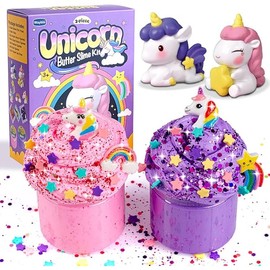 2 Pack Butter Slime Kit for Kids with Glitter, Unicorn Figurines, Rainbow & Star Accessories – DIY Slime Toy Gift for Girls & Boys, Party Favors, Stocking Stuffers, Easter Basket Stuffers