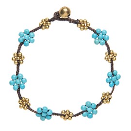 81stgeneration Women's Brass Gold Tone Simulated Turquoise Flower Bead Ankle Anklet Bracelet, 26 cm