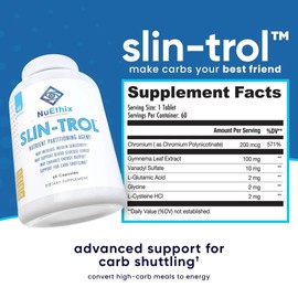 NuEthix Formulations SLIN-Trol, Glucose Disposal Agent Pills for Men & Women, Nutrient Partitioning Supplement with Chromium Polynicotinate, & Glycine, Effective Carb Absorption, Non-GMO, 60 Servings
