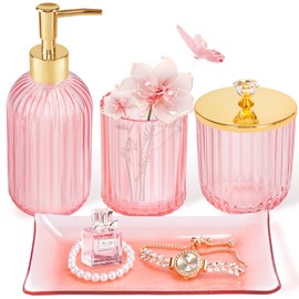 Pink Bathroom Accessories Set 4PCS Glass Bathroom Accessories Set with Soap Dispenser Toothbrush Holder Qtip Holder & Vanity Tray, Pink and Gold Bathroom Decor