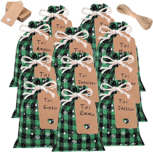 24 Pcs Christmas Drawstring Bags Xmas Buffalo Plaid Burlap Candy Bags Linen Treat Bags with 3.28 ft Rope 24 Card (Black Green Snowflake, 7 x 5 inches)