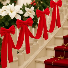 Civaner 16.4 ft Christmas Velvet Bows Garland with 6 Pcs 27.5 Inch Velvet Bows for Stairs Railing Fireplace Mantle Front Door Home Decor Xmas Garland Outdoor Indoor Decorations(Red)
