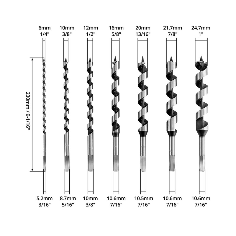 QWORK Auger Drill Bit Set, 7 Piece Set 9" Auger