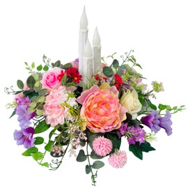 Svndlyn Spring Summer Floral Arrangement Centerpiece for Table with Artificial Peonies Flowers Rose Morning Glory Taper Flameless Candles for Dining Room Wedding All Season