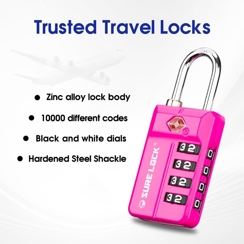 SURE LOCK TSA Approved 4-Digit Resettable Combination Luggage Locks with