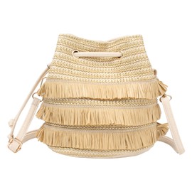 Aisi Women Straw Crossbody Shoulder Handbag Tassel Beach Bohemian Purse Woven Boho Drawstring Bucket Bag