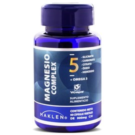 MAGNESIO 5 COMPLEX - Maklen Magnesio Complex - Glicinato, Citrato, Carbonato, Oxido e Hidroxido + Omega 3 - Capsulas Vegetales V-Caps® de 900 mg - Apo