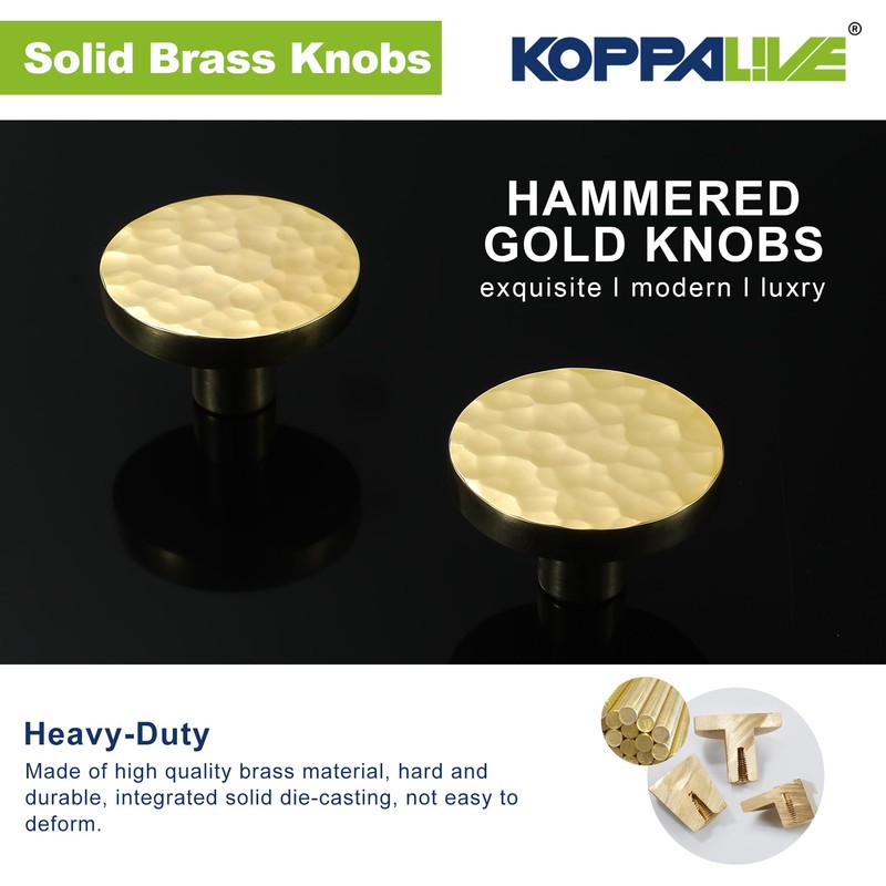KOPPALIVE 10-Pack Modern Gold Cabinet Knobs, Hammered Solid Brass Drawer