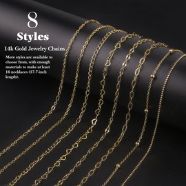 Ecoofor 14k Gold Necklace Chains for Jewelry Making, Total 27 Feet 8 Rolls Bracelet Chains for DIY, 3.3 Feet Each Style, 14K Gold Plated Chain with Jump Rings/Lobster Clasps/Connectors