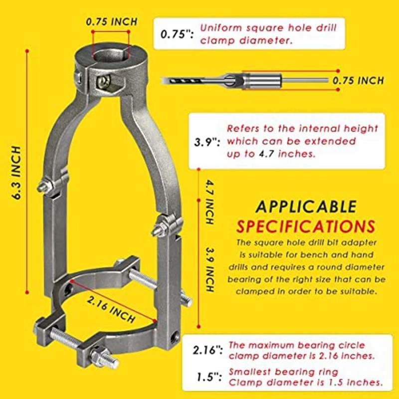 SILULCM Silver Square Hole Drill Bit Adapter for Mortising Attachment,