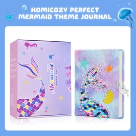 homicozy Secret Diary Girl with Lock, Girls Stationery, Mermaid Notebook with Plush Case for Girls, Private Notebook with Mermaid Pen and Shell Pearl Bracelet, Purple