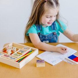 Melissa & Doug Wooden Stamp Set: Vehicles - 10 Stamps, 5 Colored Pencils, 2-Color Stamp Pad