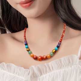 Ayriwoyi Red Agate Beads Necklace 7 Chakra Necklace for Women Healing Crystal Stone Necklace 20 inches Semi Precious Gemstone Necklace Christmas Gifts