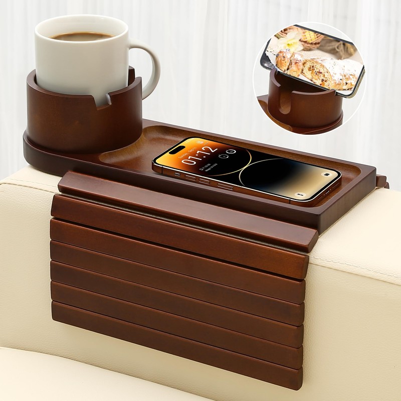 aisongdong Couch Cup Holder,Bamboo Couch Arm Tray with 360° Rotating