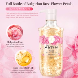KUSTIE Natural Rose Petal Shower Gel with Pump, Moisturising Shower Gel, Moisturising for Dry Skin, Mild, Long-Lasting Fragrance 380 ml