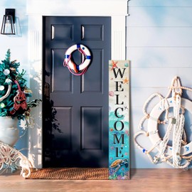 Sea Turtle Welcome Sign for Front Door, Beach Outdoor Porch Sign Home Decorations Standing Yard Sign Seasonal Wood Door Sign for Garden Tall Summer Welcome Vertical Signs for Patio Wall
