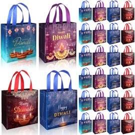 PIAOPIAONIU 48 Pcs Happy Diwali Gift Bags with Handles Deepavali Theme Party Return Gift Bag Non Woven Festival of Lights Birthday Goodie Snacks Candy Bags for Diwali Party Favors